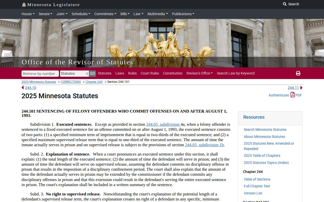 Rock County projected release date Minnesota sentence structure statute